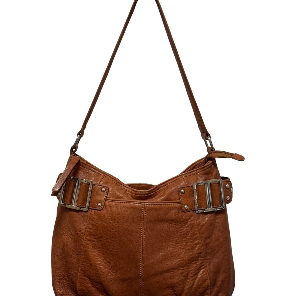 Perlina NY Brown Leather Hobo Bag, SUPER Soft Slouch Shoulder W/Buckle Accent - Picture 3 of 14